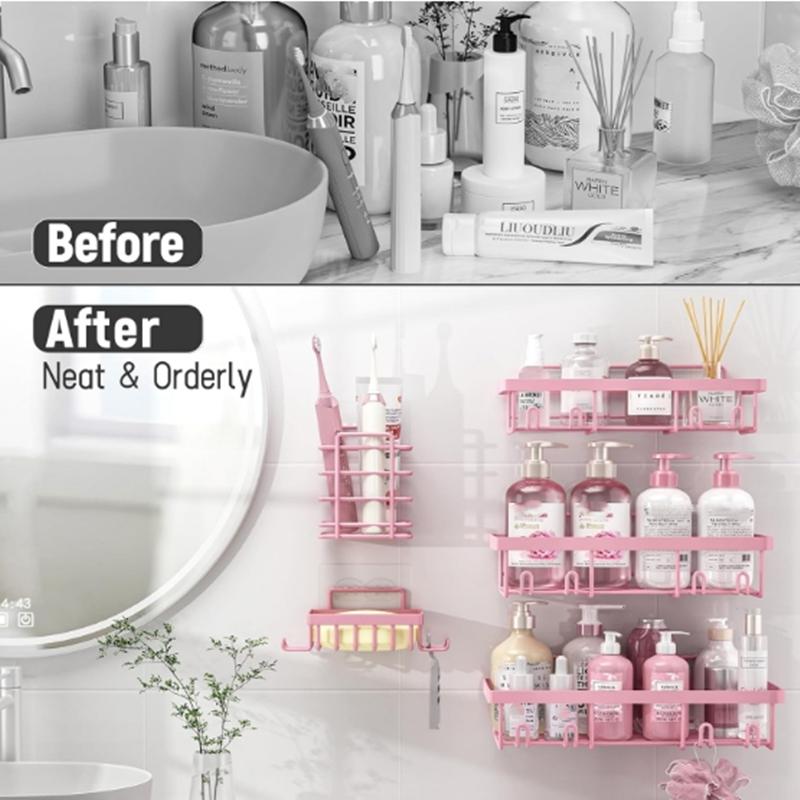 5-Pack Adhesive Shower Caddy Organizer – Rust-Resistant Pink Bathroom Shelf Set for Shampoo & Toiletries, No-Drill Wall Storage