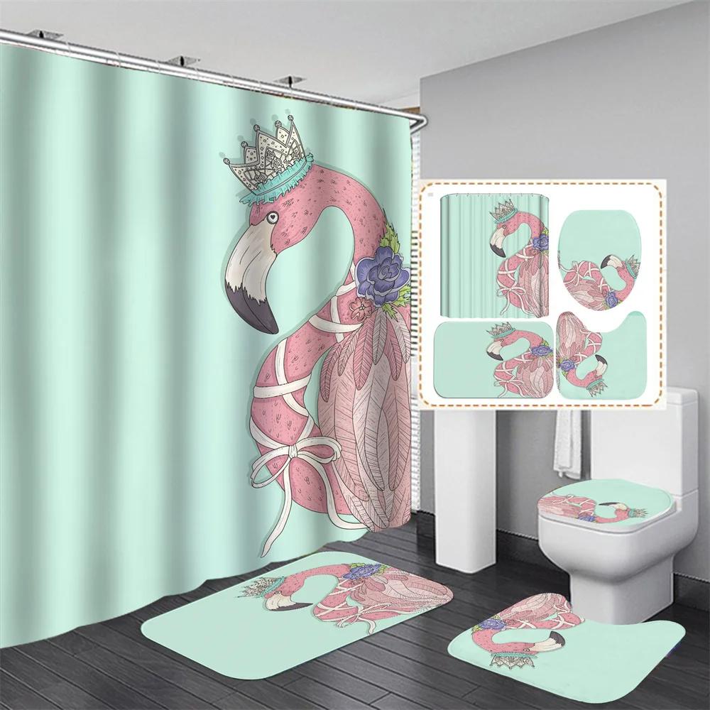 Pink Flamingo Tropical Leaves 3D Hd Shower Curtain Set Waterproof Polyester Bathroom Shower Curtain Set With Mat Non-Slip Rugs