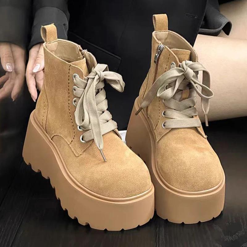 Platform High Heels Women Ankle Boots Lace Up Suede Shoes Designer Winter New Goth Shoes Trend Fashion Pumps Botas Mujer