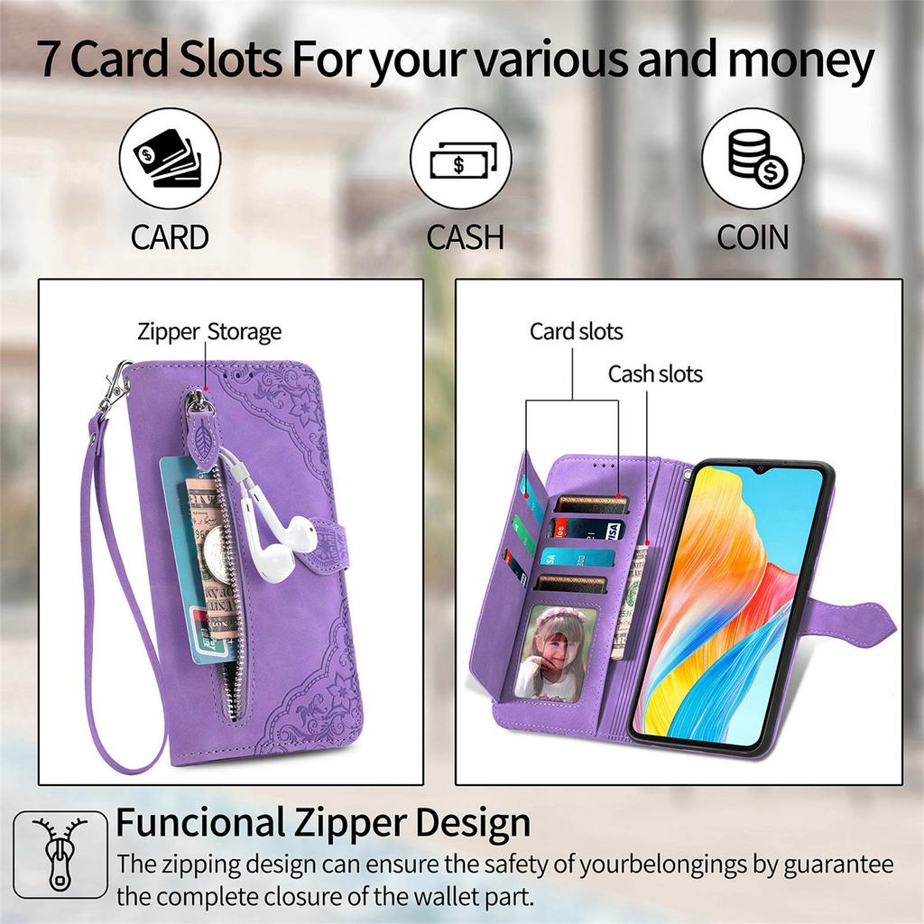 Pouzdro na zipovou peněženku pro Oppo A38 4G/A18 4G s popruhem, s potiskem květin, kožený PU kryt na telefon