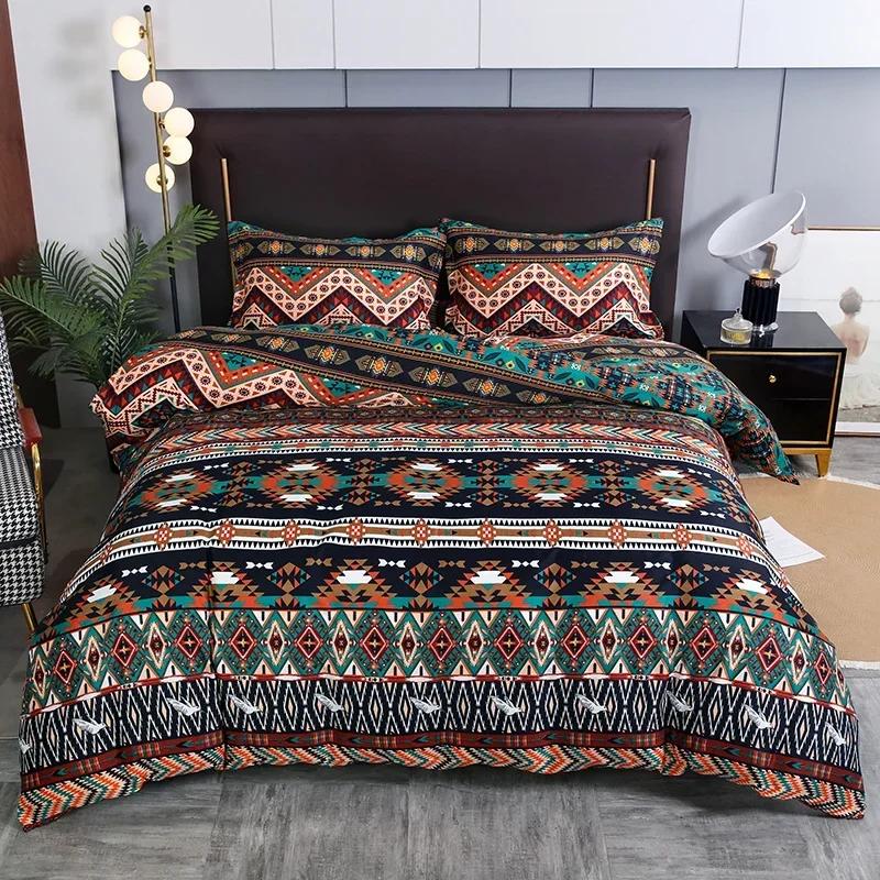 3pcs Boho Bedding Set Striped Geometric Duvet Cover and Pillowcases in Brown Ethnic and Traditional Style Soft Cozy Quilt Covers