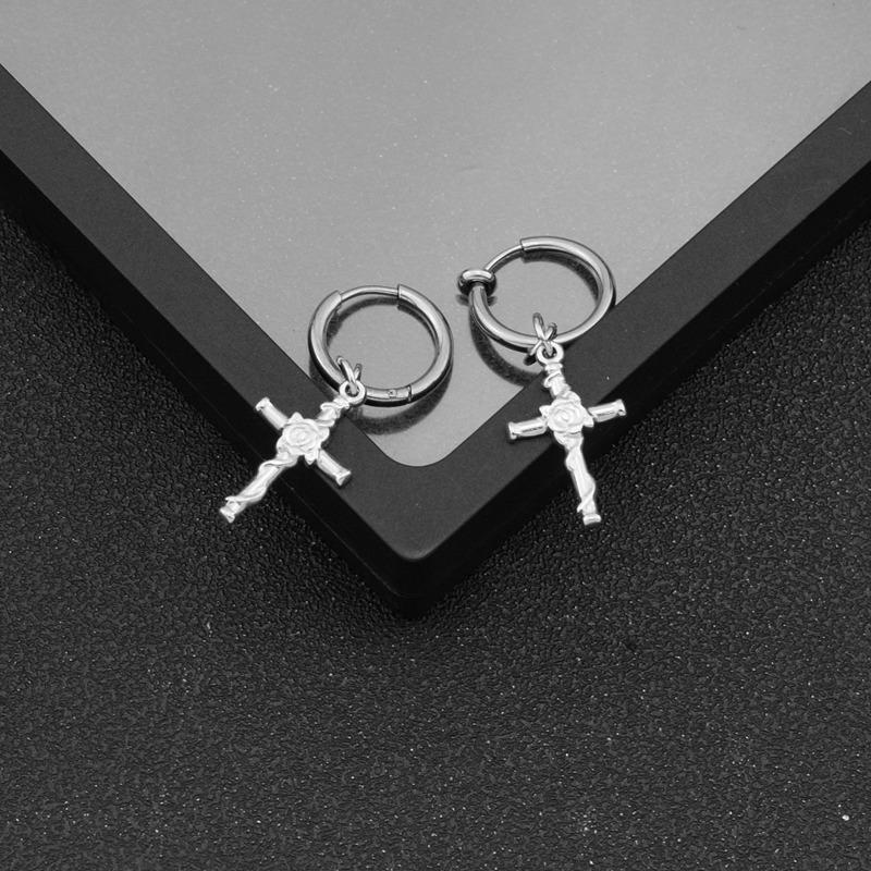Snake Rose Flower Cross Dangle Hoops Earrings Silver Color Vintage Punk Stainless Steel Earrings For Women Men Jewelry Piercing