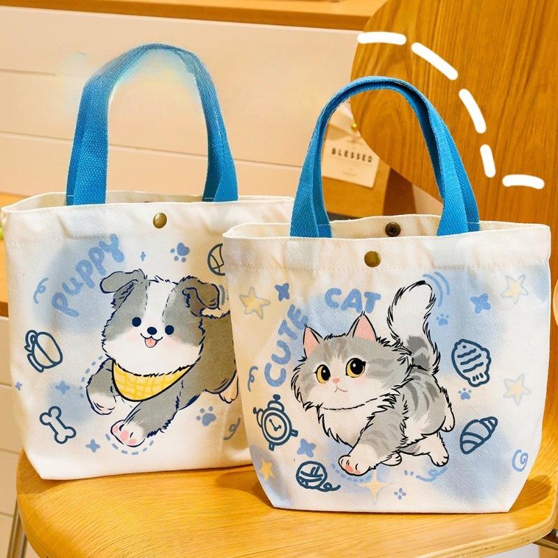 3Pcs Cute Double Sided Pattern Handbag Canvas Lunch Shopping Storage Bag Women's Cartoon Small Backpack Fashion Edition Leisure Storage Bag