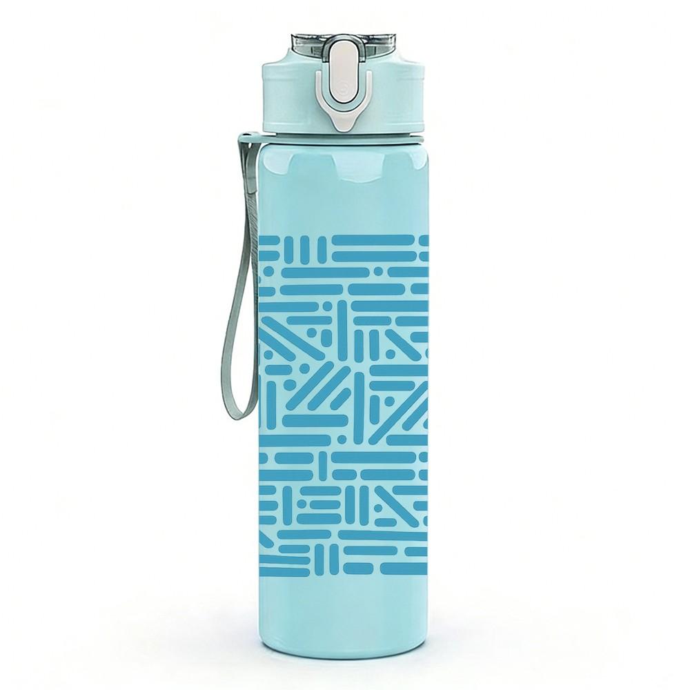 1PC Blue Geometric Line Maze Pattern 750ml Color Plastic Sports Water Bottle Leakproof Flip Straw Lid Suitable for Sports Office Home Use