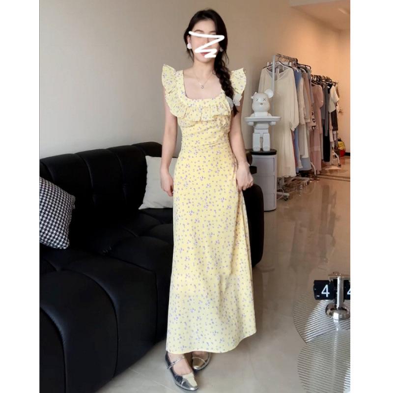 

2025 Women s Yellow Floral Cap Sleeve Camisole Summer Dress – French Seaside Vacation Extra Large