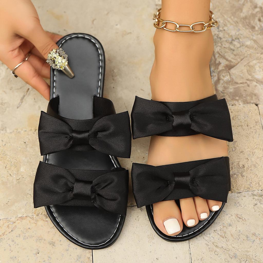 Flat-bottomed European and American One-word Slippers Women's Summer New Large-size Bow Beach Cool Slippers