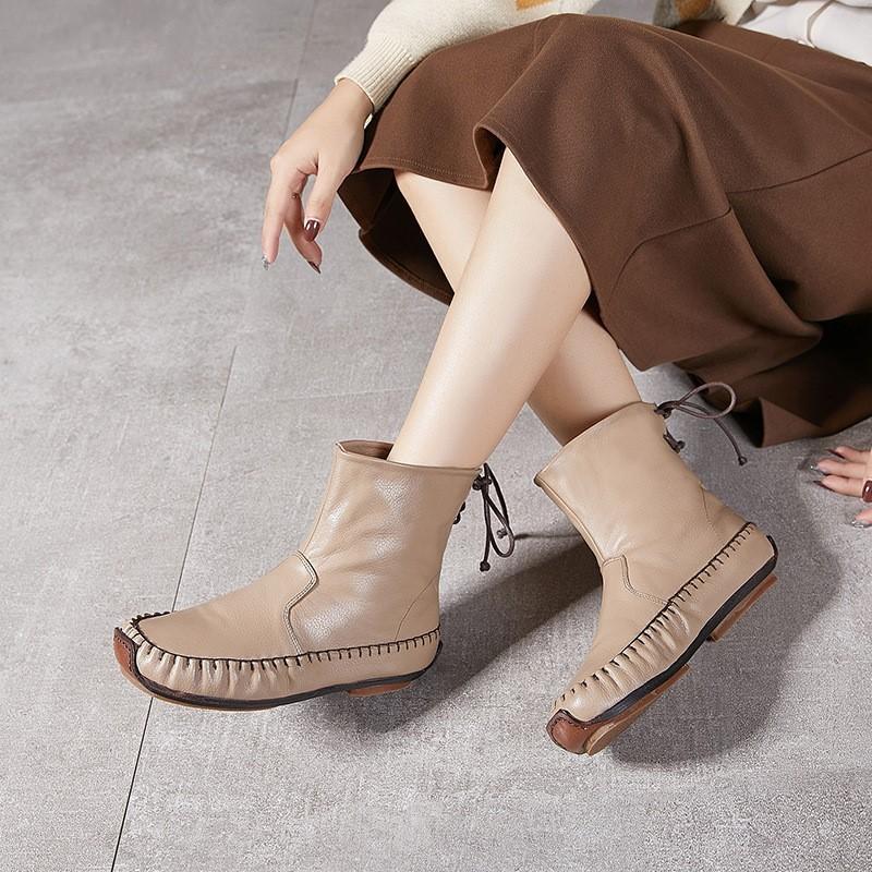Johnature Handmade Sewing Genuine Leather Women's Boots Retro Warm Plush Flat Mid-calf Boots