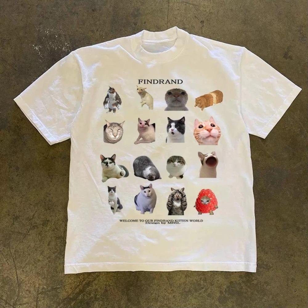 Creative Cat Pattern Printed American Style Summer Cat Womens Top Round Neck Short Sleeved Female Oversized T Shirt