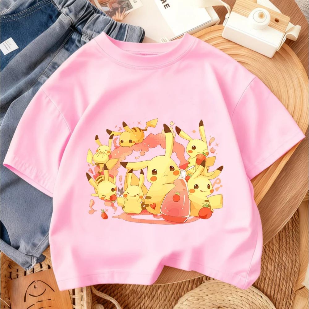 Children Fashion Street Tee Pikachu Cute Cartoon Print For Boys Girls Summer Casual Comfort Wear 3-14 Years