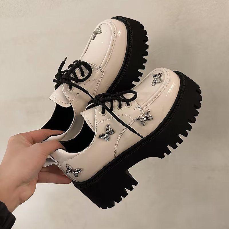 Lace-up loafers heavy industry butterfly patent leather lace-up thick heel platform single shoes student British style fashion small leather shoes wo