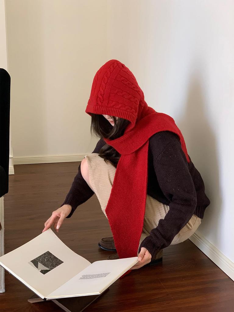Winter Knit Balaclava Hat with Hood and Neck Warm and Slimming Cute and Solid Perfect for or Cycling Women's Scarf, 2-in-1 Warmer, Hood, Color,