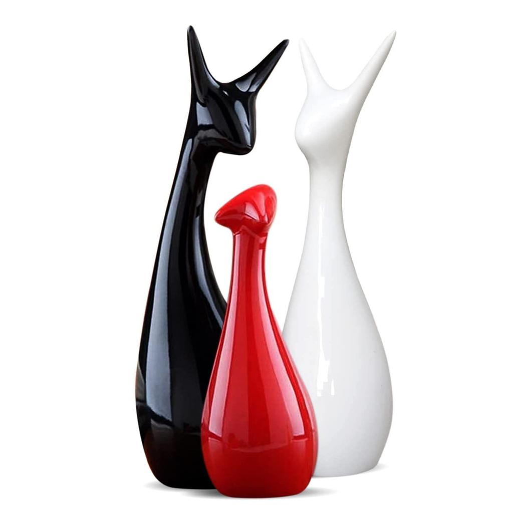 Home Decor Lucky Deer Statue Family Piano Finish Ceramic Figures - (Set of 3, Red Black, White)