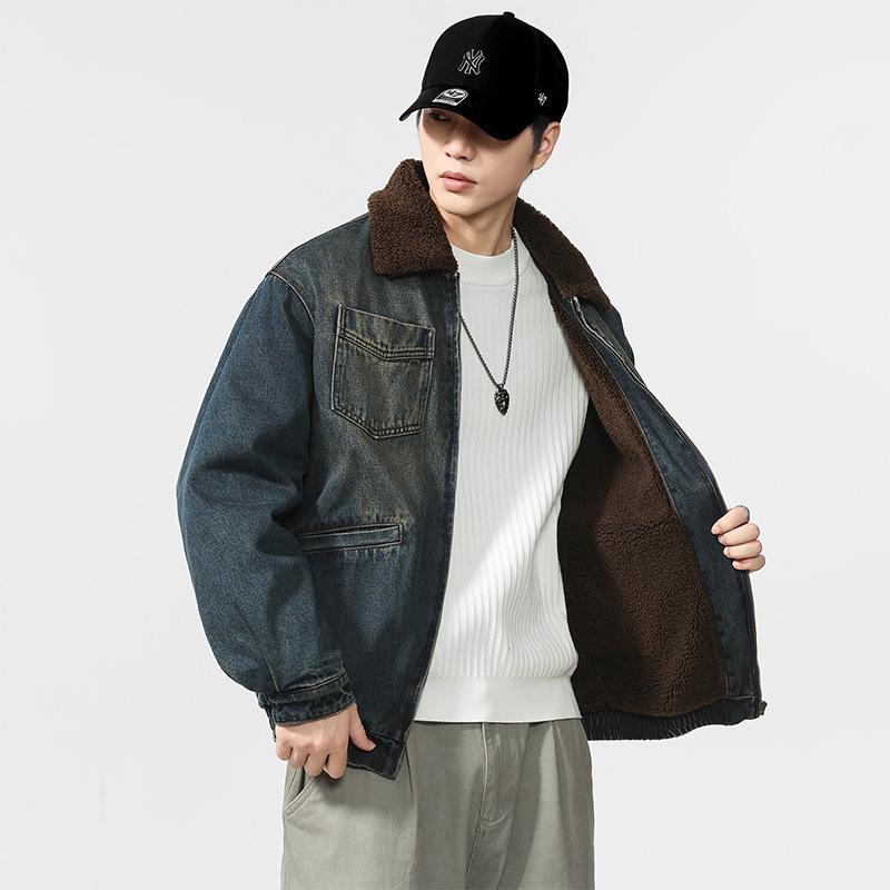 Men s 2025 Thickened Shearling Denim Jacket - American Retro Winter Style M [100-128 lbs]