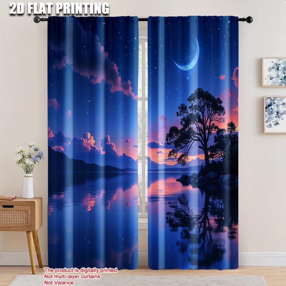 

2pcs, 2D flat printing Curtain Starry Night lake Versatile 100% Polyester,Without Electricity Birthday Party Perfect for 52.50×116.00 CM 2pcs