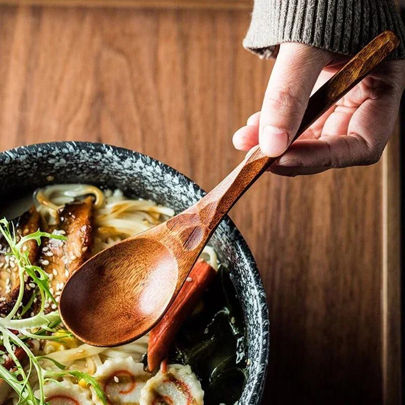 2 Stück Holzlöffel Langstieliger Ramen Suppenlöffel Groß Japanischer Stil Kinder Reis Dessert Müsli Esslöffel Holz Küchengeschirr