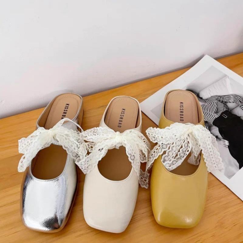 Fashion 2025 Shoes Lace Ballet Flat Muller Lazy Baotou Low Heel Half Slippers Women Outer Wear