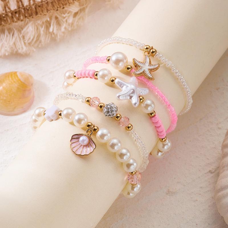 1 Set Summer Ocean Blue Beads Strand Hand Chain Bohemia Starfish Shell Beaded Bracelets For Women Jewelry Beach Vacation Gift