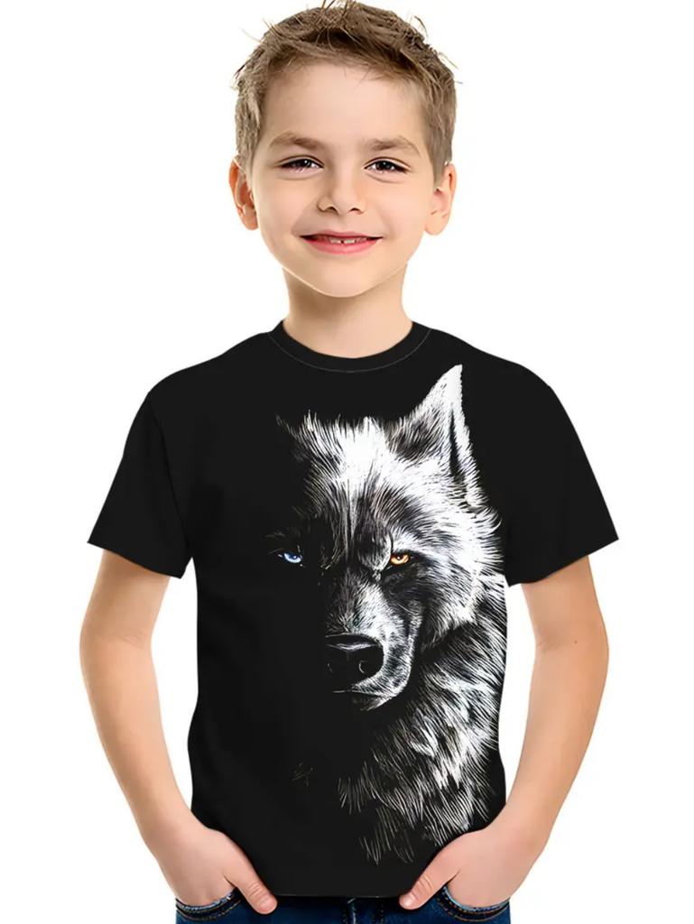 Cool Wolf Boy T-Shirt Tiger 3D Print Kids Short Sleeves Casual Comfortable Boys' Top Tees Outdoor Breathable Lightweight Clothes