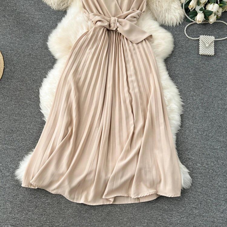 Sommer Neues Französisches Chic Maxikleid Damen V-Ausschnitt Ärmellos Schnürung A-Linie Falten Damenkleider Damen