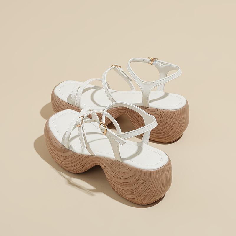 

Muffin thick-soled waterproof table with thin strap one-word sleeve toe sandals women s new summer heightening wood-grain sole Roman sandals 40 бежевый