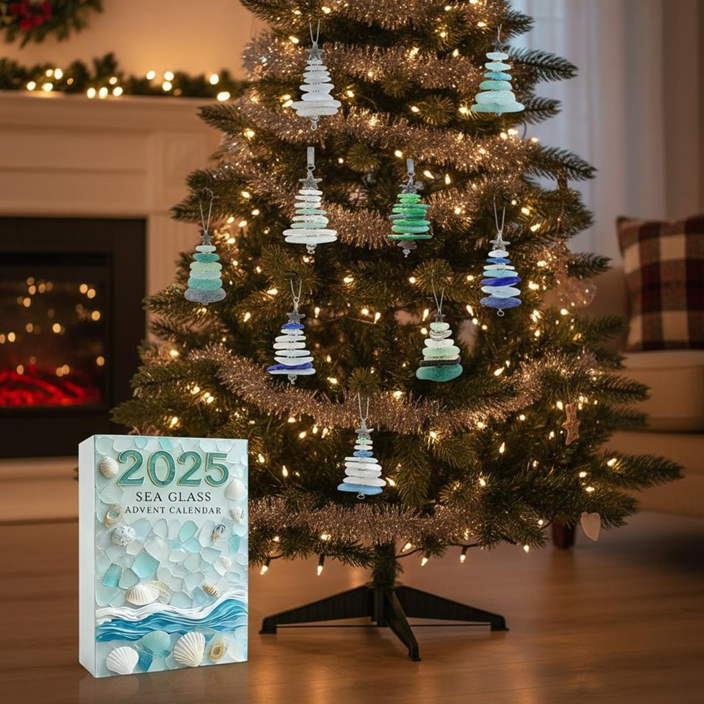 Arbre de Noël en Verre Marin Calendrier de l'Avent de Noël avec 24 Mini Ornements d'Arbre de Noël Compte à Rebours de Noël pour Décoration d'Arbre