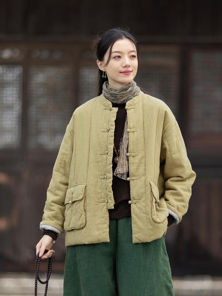 Silent Recitation: Women's Retro Quilted Vertical Stripe Cotton Jacket with Stand-up Collar and Frog Buttons