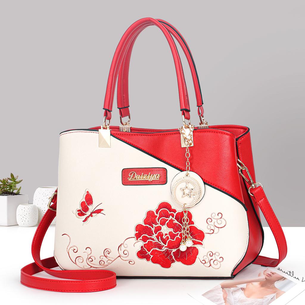 Large capacity handbag, national style embroidery mother gift, peony flower atmosphere, shoulder messenger bag, dignified