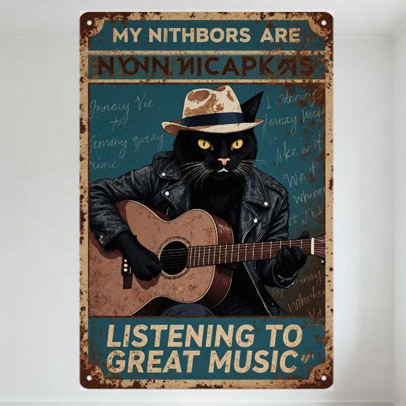 

Vintage Black Cat Playing Guitar Metal Tin Sign LISTENING TO GREAT MUSIC Retro Distressed Metal Wall Decor for Bar Pub Home Ca 20x30cm（7.8x11.8inch）