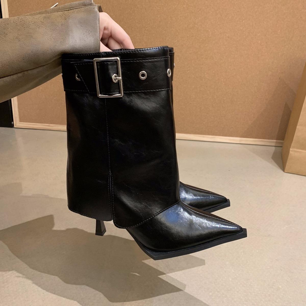 

European and American pointed scalp belt buckle stiletto heel trouser boots women s 2025 new slimming and spicy fashion boots 40 чёрный