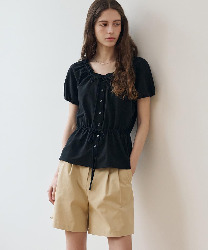 Deuloupisumeon Ribbon Puff Sleeve Blouse [Black]