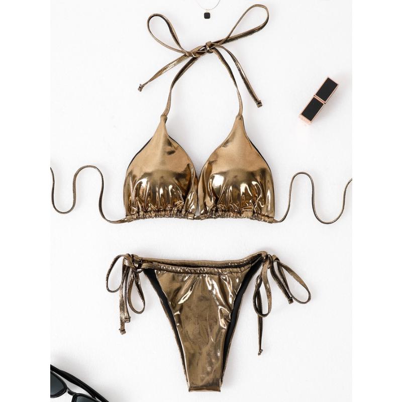 Neckholder-Push-up-BH, Strand-Badeanzug, Badebekleidung, Strandkleidung, 3-teiliges Bikini-Set mit Faltenrock, glänzender massiver Gold-Badeanzug