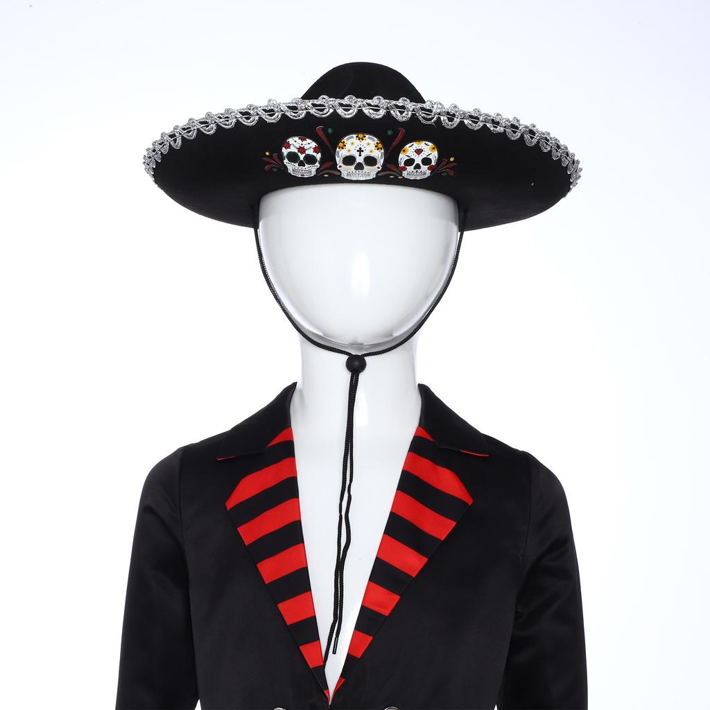 Corned Mexican Hat with Skull Design & Metallic Braid, Wide Brim Festival Accessory for Halloween Carnival Themed Parties