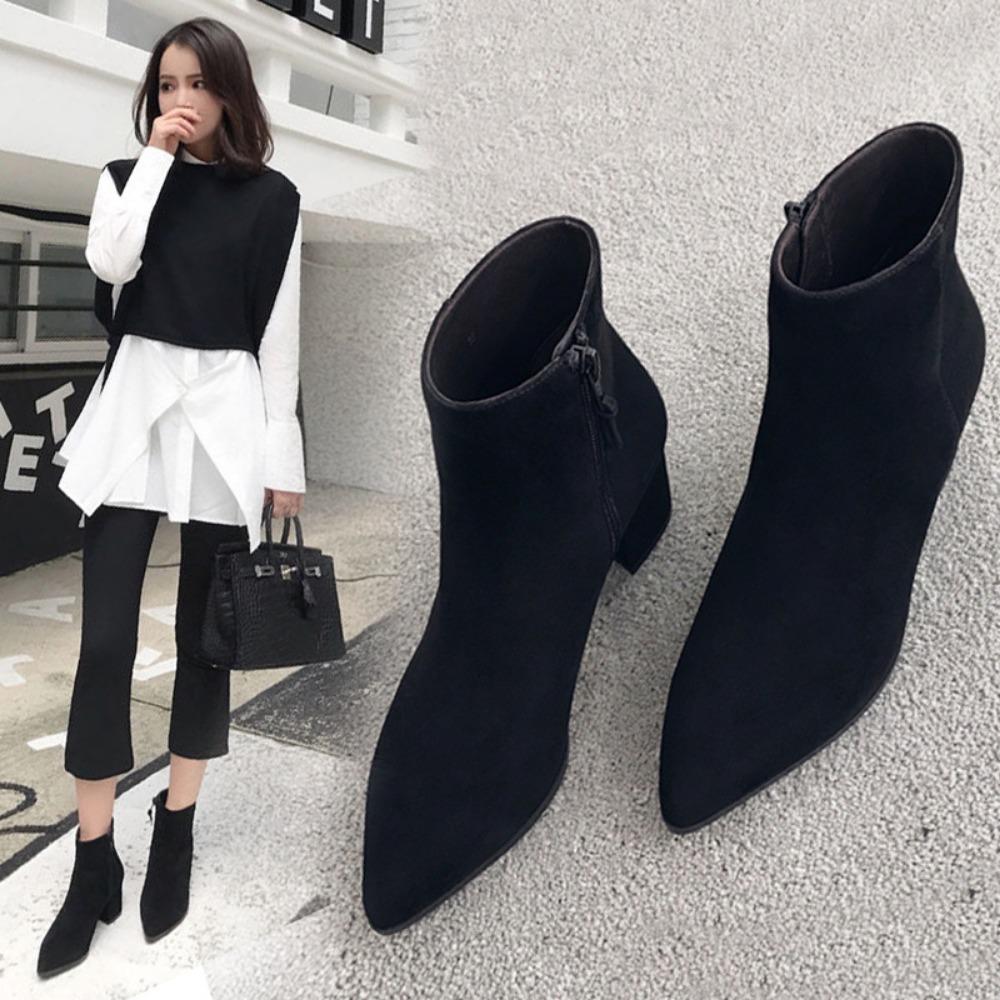 Womens Boots Spring Pointy Fleece Mid Heel Women's Boot New Thick Heel Ankle Boots Woman Shoes for Women High Heels Zapatos