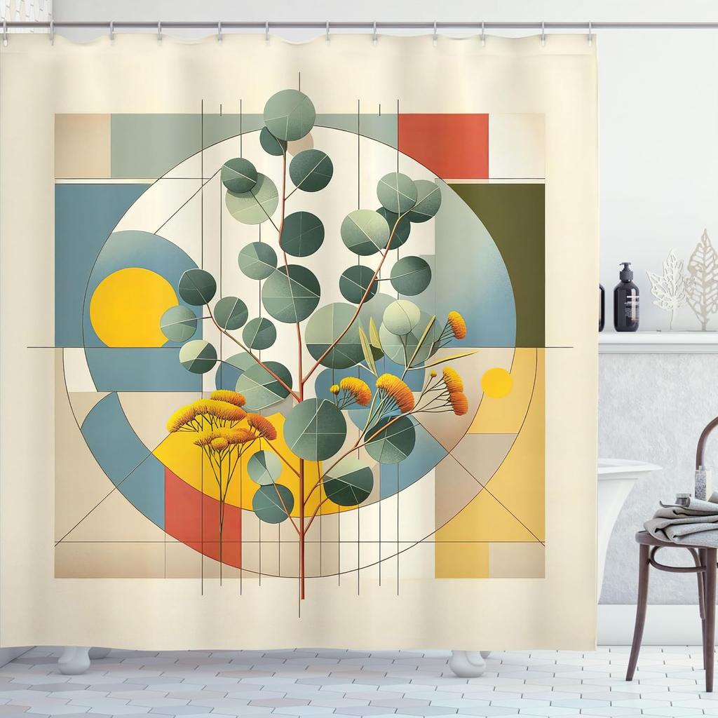 Eucalyptus Leaves Shower Curtain, Circular Branches In Classic Mid Century Modern Influences, Cloth Fabric Bathroom De