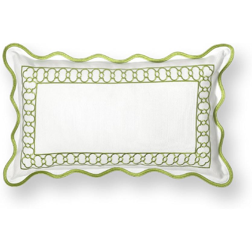 Hofdeco Premium Coastal Patio Indoor Outdoor Scalloped Lumbar Pillow Cover Only, 12"x20" Water Repellent for Backyard, Couch, Green Embroidered