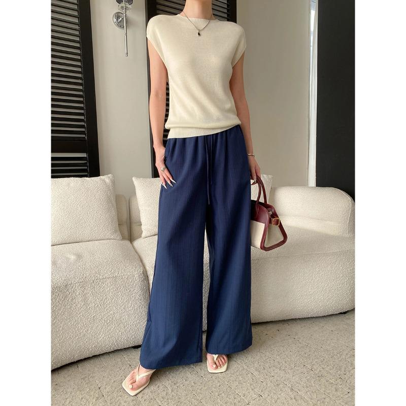 Sinan Roman Holiday Stripe Loose Wide-Leg Floor-Length Pants SN8718 M тёмно-синий