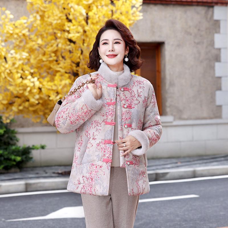 Women's Mid-Age Thickened Cotton Jacket with Fleece, Autumn & Winter Tang Style Short Coat for Middle-Aged & Elderly