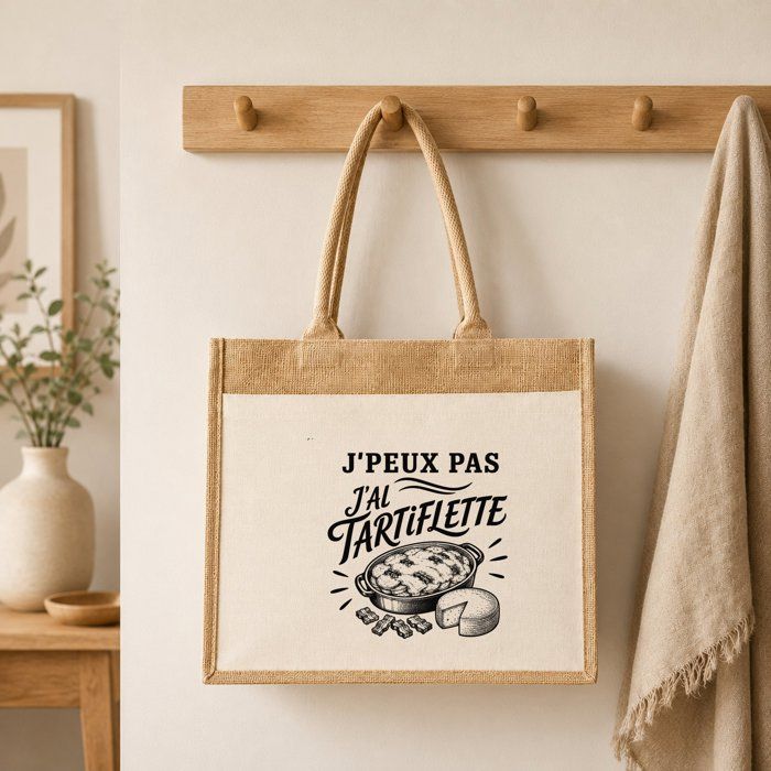 Sac Cabas Jute avec Poche J’peux pas j’ai Tartiflette J'peux pas minimaliste | Toile de Jute et Coton 21 L Fond Plat Anses 65 cm