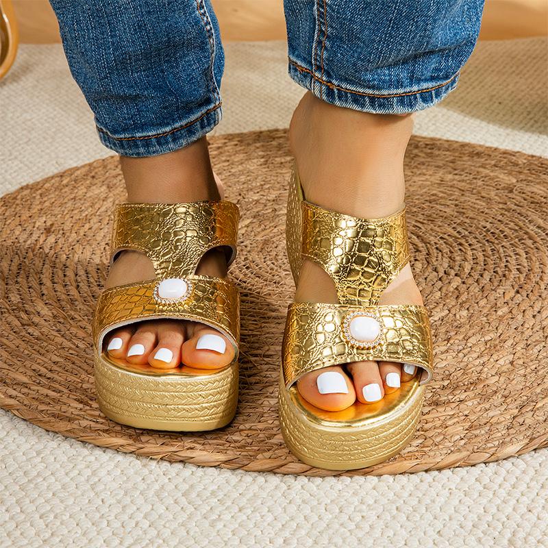 Fashion Gold Cross Band Wedges Sandals for Women Large Pearl Patent Leather Chunky Platform Slippers Thick Sole Non Slip Party Shoes