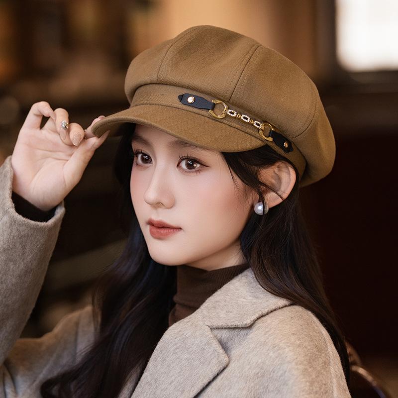 Korean Version of New Belt Chain Beret Women's Autumn and Winter Casual British Style Newspaper Bell Hat Literary Retro Octagonal Hat Trend