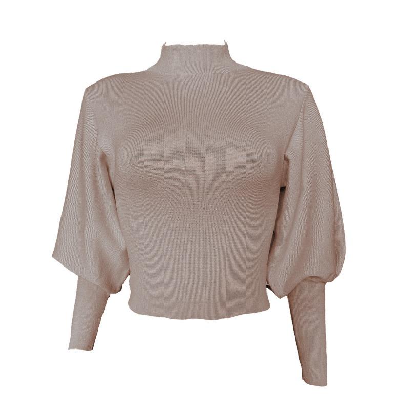 Autumn and Winter Women's Net Color Knitted Lantern Sleeve Long Sleeve Pullover Turtleneck Wool Sweater