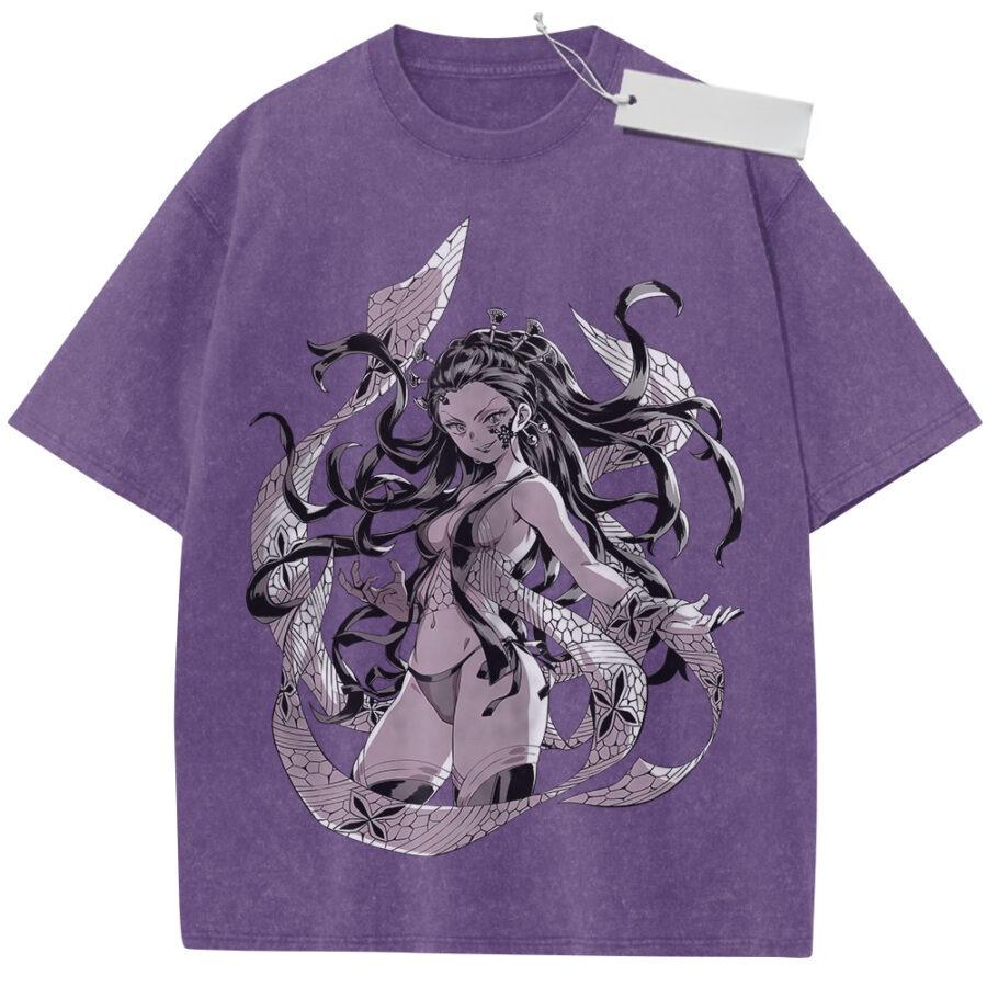 Unisex Purple Washed Vintage T Shirt Demon Slayer Daki Spider Style High Quality Fabric for Casual Shopping