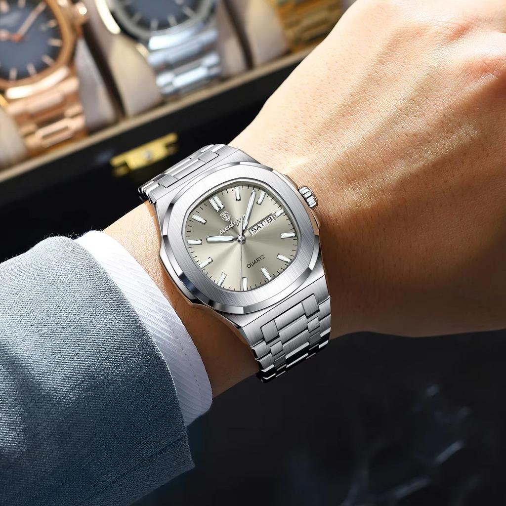 POEDAGAR Top Business Men Wristwatch Luminous Waterproof Stainless Steel Square Male Clock Week Date Quartz Casual Men's Watches