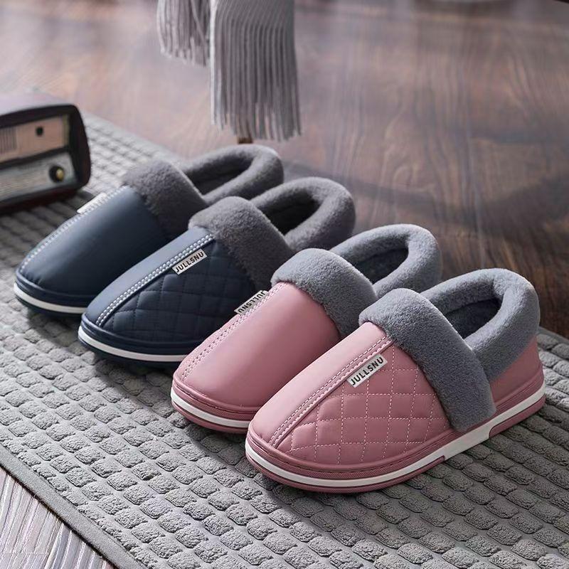 Waterproof Bag and Outer Wear Leather Cotton Shoes, Home Thick-soled Warm Winter Non-slip Cotton Slippers for Men and Women