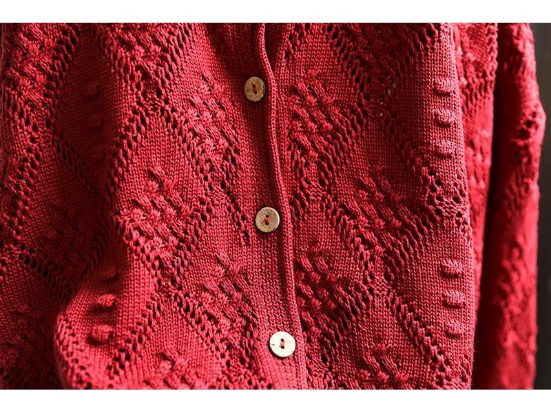 2025 Fall Diamond Hollow Round Neck Knitted Cardigan - Loose, Casual Long Sleeve Sweater