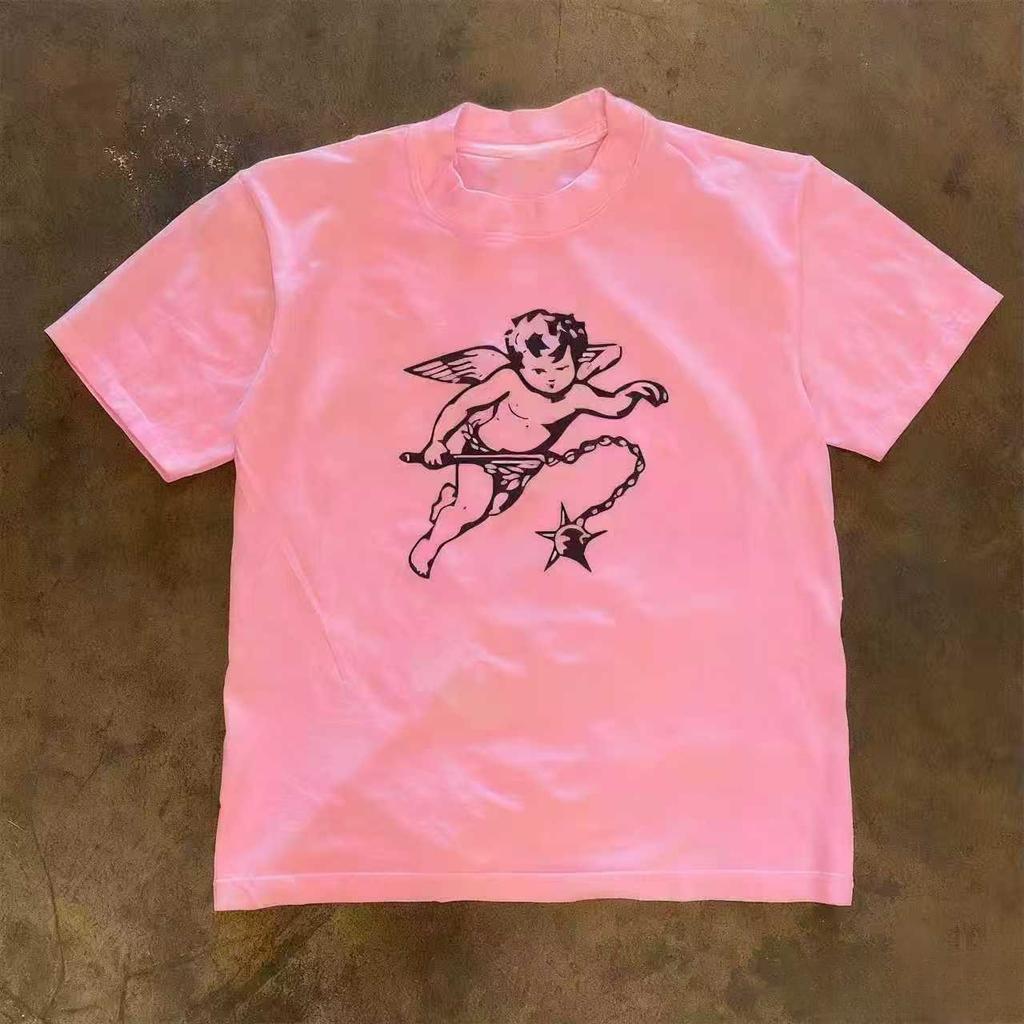 An Angel with A Hammer Graphic Print Autumn Pure Cotton Men's and Women's T-shirt Short Sleeve Street Fashion Trend Clothing