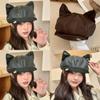 Woman Beret Leather Hat With Curved Brim And Cat Ear Detail For Trendy Dress Up