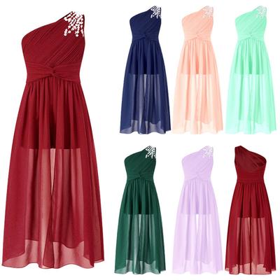 Mädchen-Stramplerkleid mit glänzenden Perlen, One-Shoulder-Partykleid, gerüscht, für Kinder, Prinzessin, Festzug, Hochzeit, Brautjungfer, Abschlussball