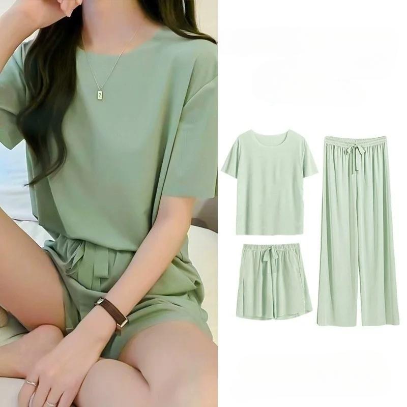 

3 шт./компл. Ice Silk Sleepwear Sexy Nightwear Women Simple Shorts Set of Solid Женская домашняя одежда Дышащий Зеленый Розовый Average зелёный