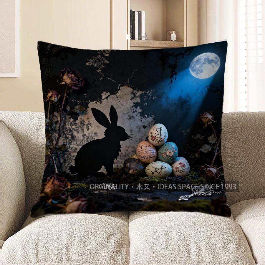 2D Silent Bunny With Moonlit Eggs Throw Pillow Pattern Cushion Cover Suitable For Sofa Bedroom Car Pillow Cover 40x40cm